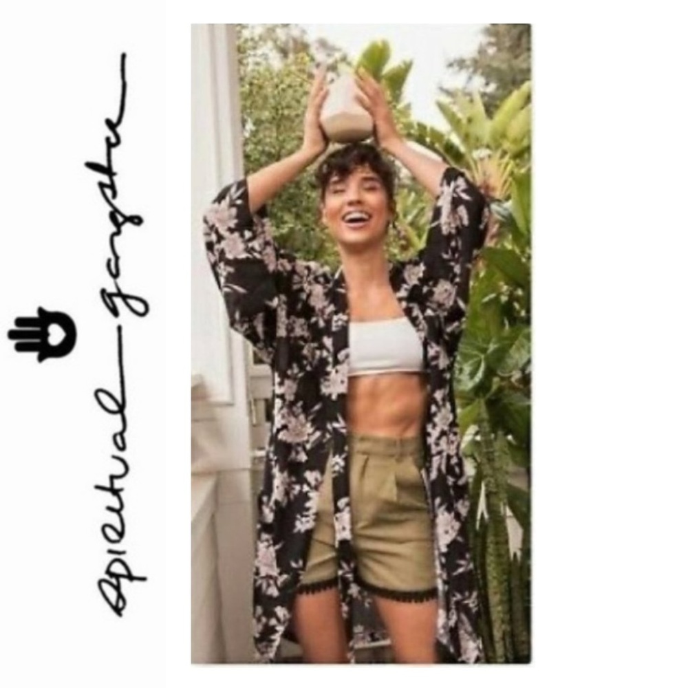 Spiritual Gangster Black Maya Floral Print Kimono Cover Up Cardigan Robe